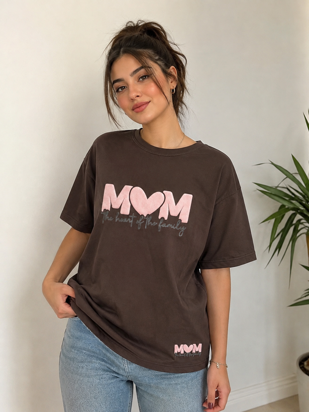 تیشرت زنانه نخ پنبه با چاپ پفکی طرح MOM